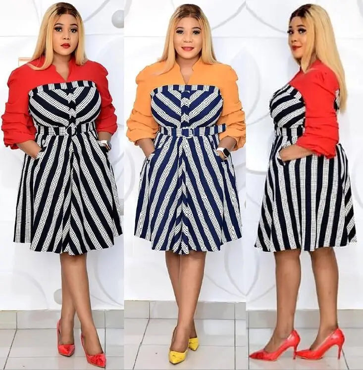 Plus Size Striped Women Dress with Puff Sleeves