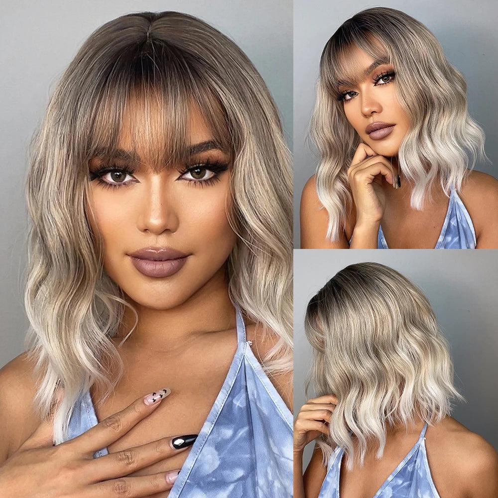 Synthetic Short Wavy Colored Wig with Bangs