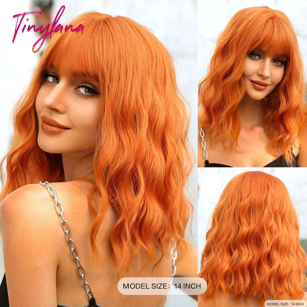 Synthetic Short Wavy Colored Wig with Bangs