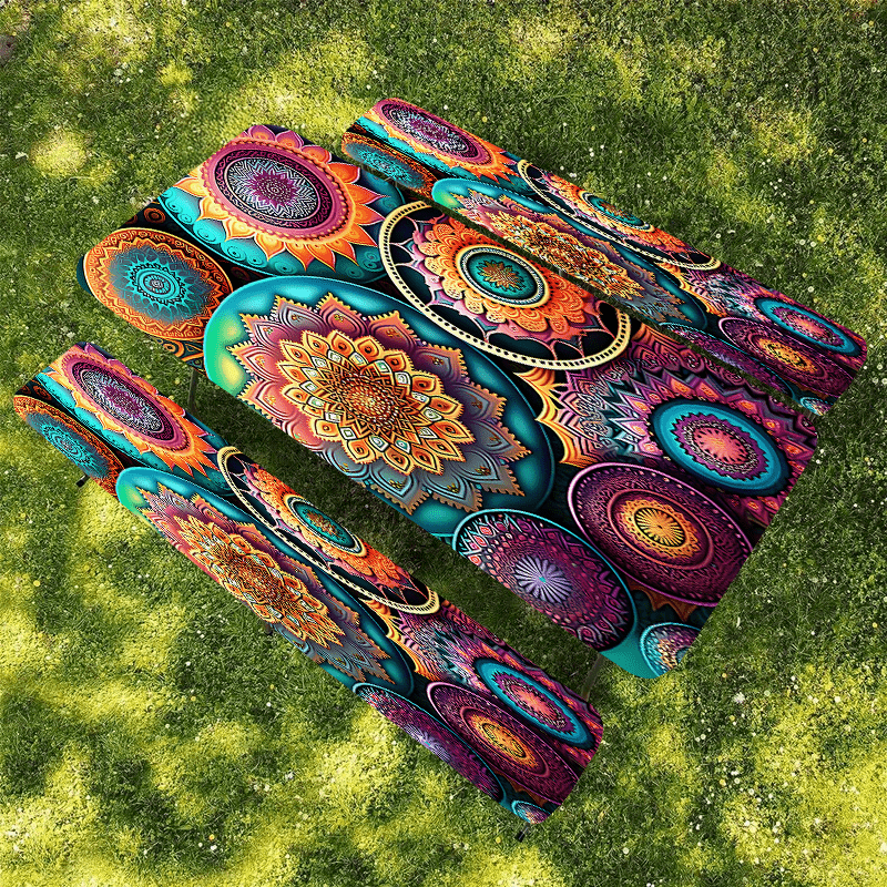 Product 1/3pcs Outdoor Picnic Tablecloth Set (1 Tablecloth + 2 Stool Covers) Mandala, Colorful Abstract Complex Pattern Elastic Tablecloth, Edge Elastic Tablecloth, Machine Washable, Suitable for Camping, Parties, Gifts, Part