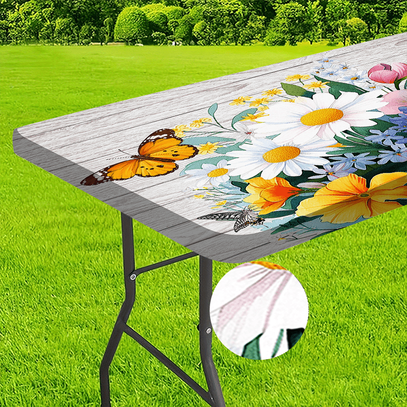 1pc Outdoor Tablecloth with Vivid Floral & Butterfly Design - Washable Durable Polyester Rectangular Table Cover, Elastic Edges for Secure Fit, Bright Colors for Camping, Picnics, Garden Parties - Indoor/Outdoor Use, Picnic T