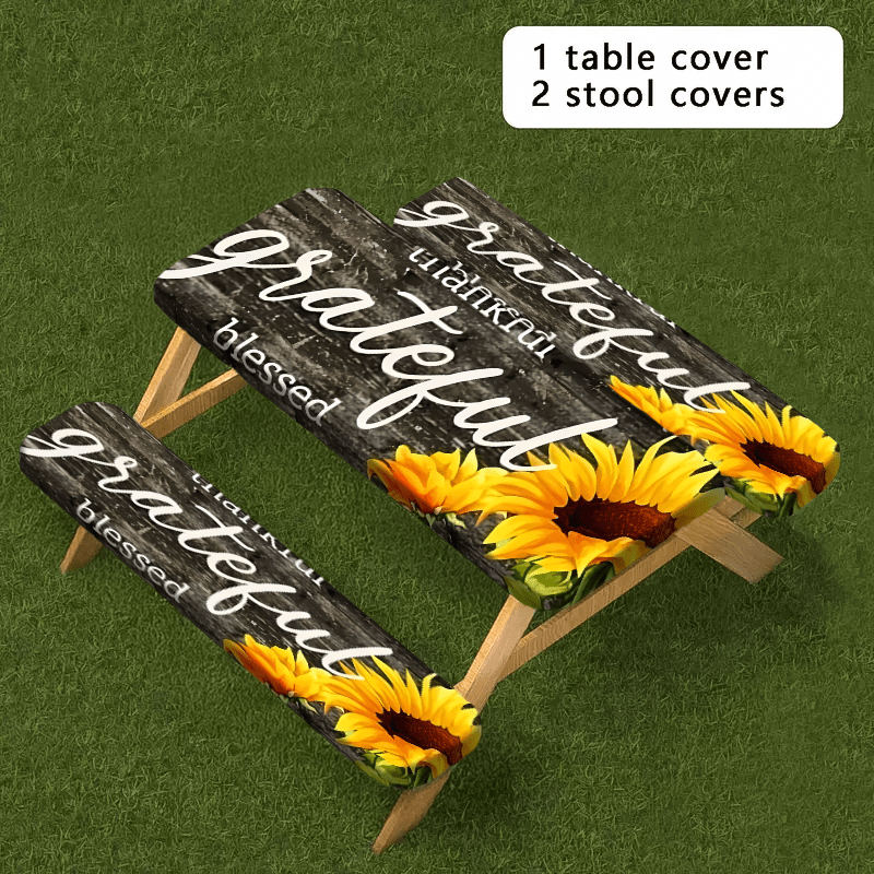 Product 1/3pcs Picnic Tablecloth Set (1 Tablecloth + 2 Stool Covers) Simple Gray Wood Grain Background Sunflower Print Elastic Tablecloth, Suitable for Picnic and Camping Tablecloths, Is a Must-have for Outdoor Barbecue and H