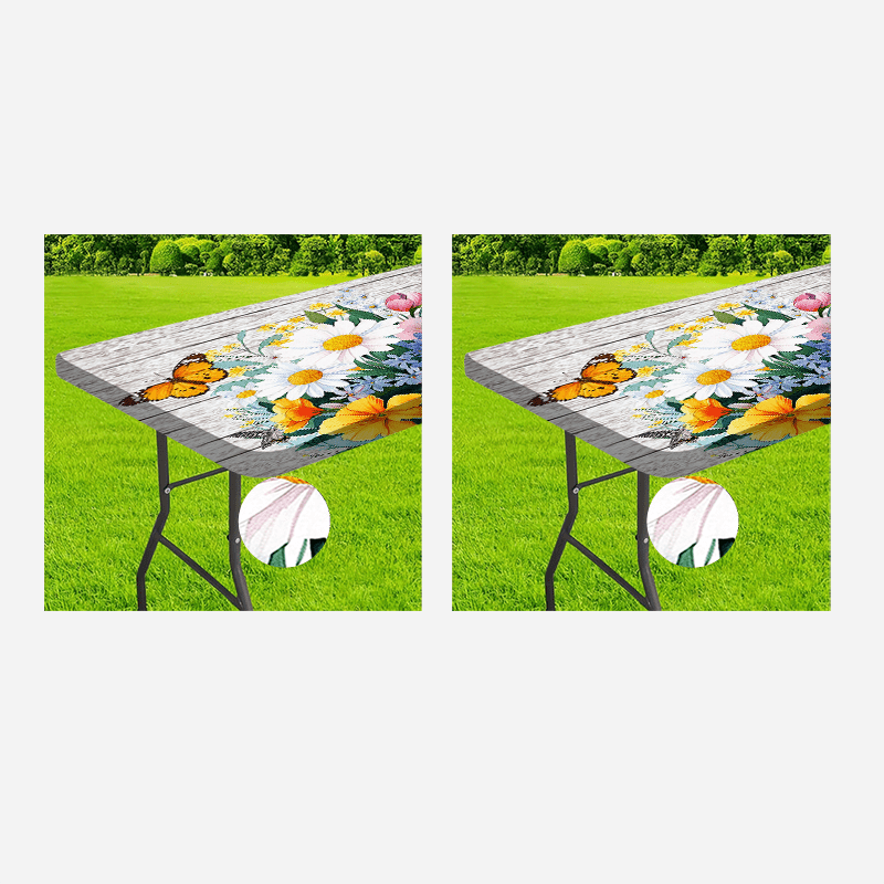 1pc Outdoor Tablecloth with Vivid Floral & Butterfly Design - Washable Durable Polyester Rectangular Table Cover, Elastic Edges for Secure Fit, Bright Colors for Camping, Picnics, Garden Parties - Indoor/Outdoor Use, Picnic T