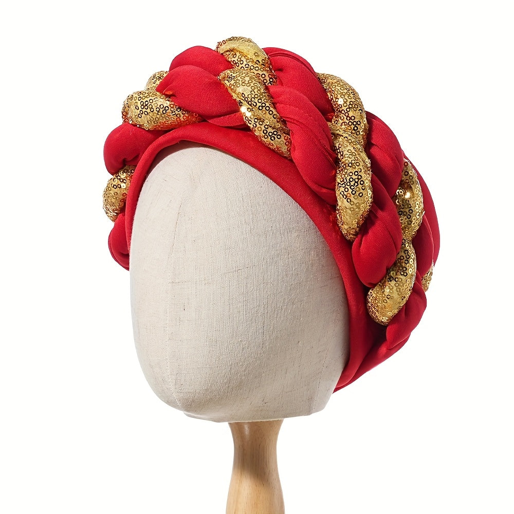 1pc Women's Elegant Turban Headwrap - Golden Spangle 2-Strand Braid, Lightweight Polyester, Non-Stretch - Wedding & Festive Attire | Hand Wash/Dry Clean | Toggle Closure