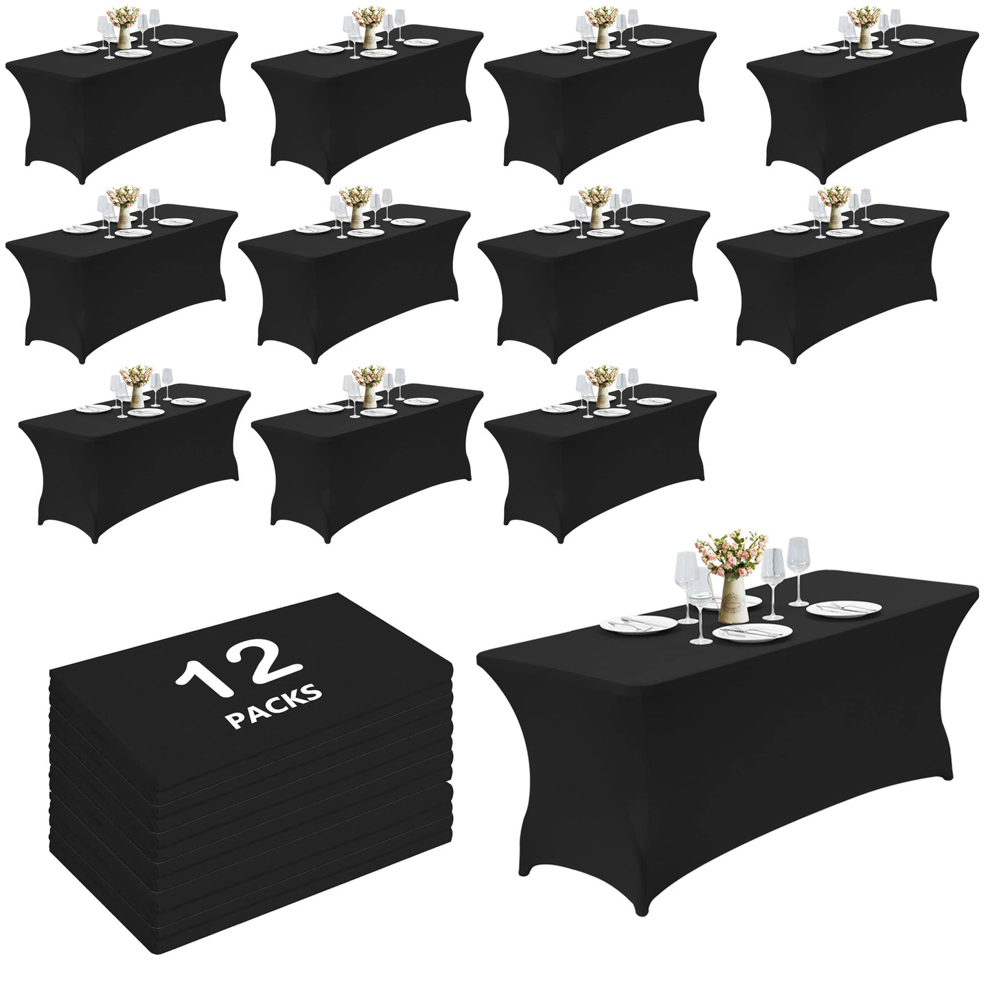 4/12pcs Spandex Stretch Tablecloths, Rectangular Fitted Covers for Parties, Weddings, Events & Trade Shows – Solid Colors, Wrinkle-Resistant & Easy Fit
