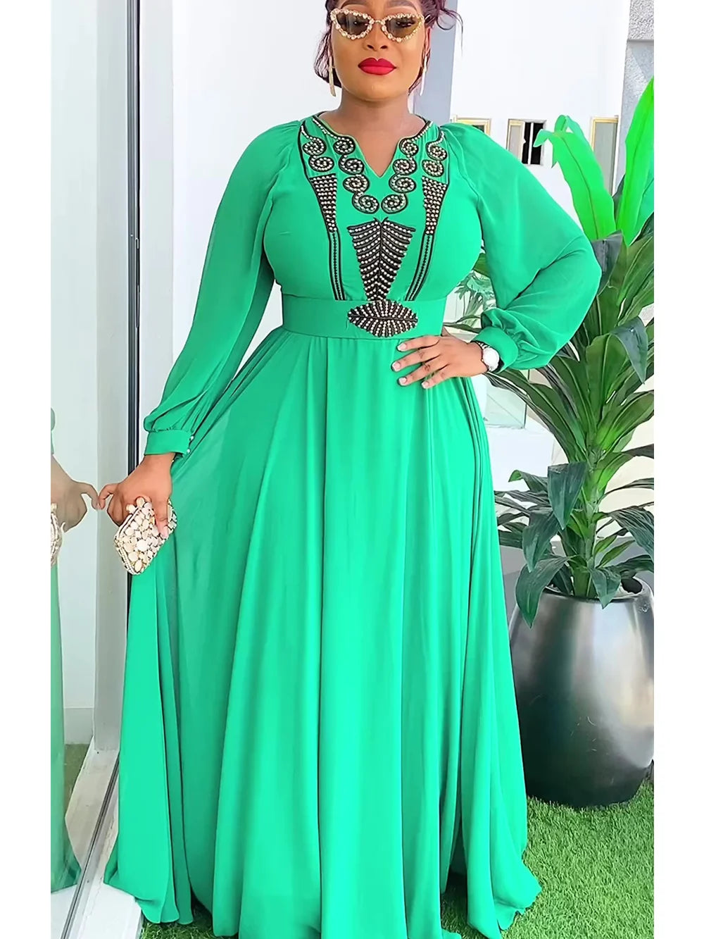 African Chiffon Kaftan Maxi Dress| Muslim Fashion| Top Super Deals green / L African Chiffon Kaftan Maxi Dress| Muslim Fashion| Top Super Deals green / L