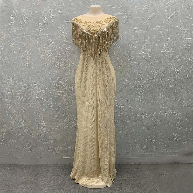 Long Sequin Party Gown with Tassel