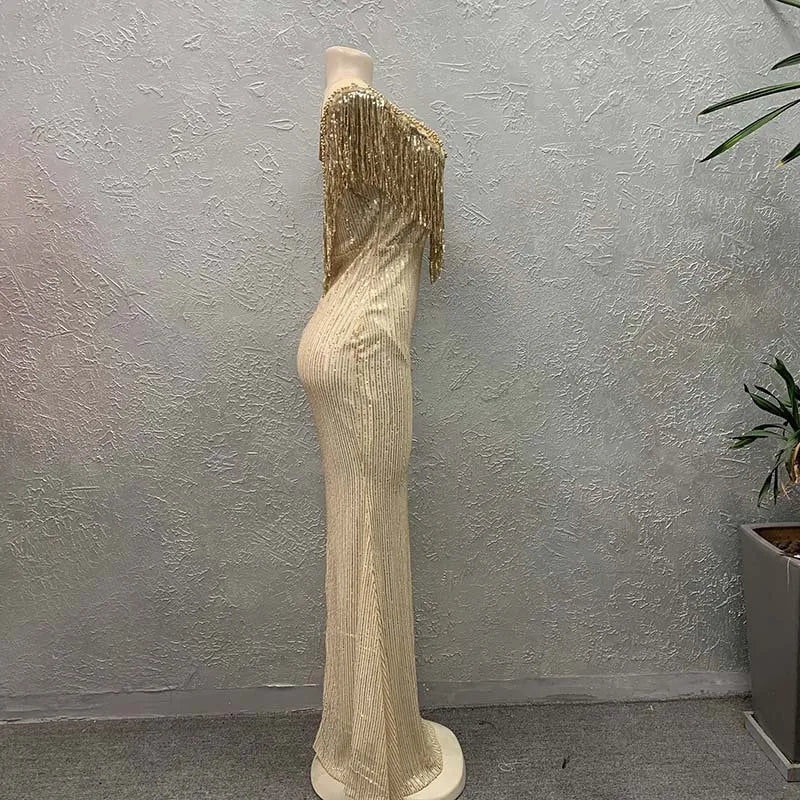 Long Sequin Party Gown with Tassel