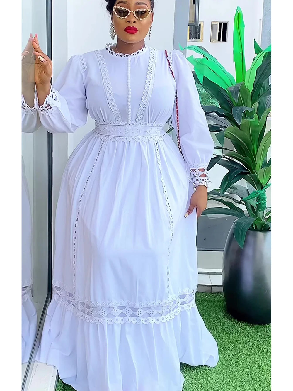 White Lace Trim O Neck Puff Long Sleeve Cinched Waist A-Line Ruffled Hem Plus Size Formal Lace Maxi Dress(Yellow/L)