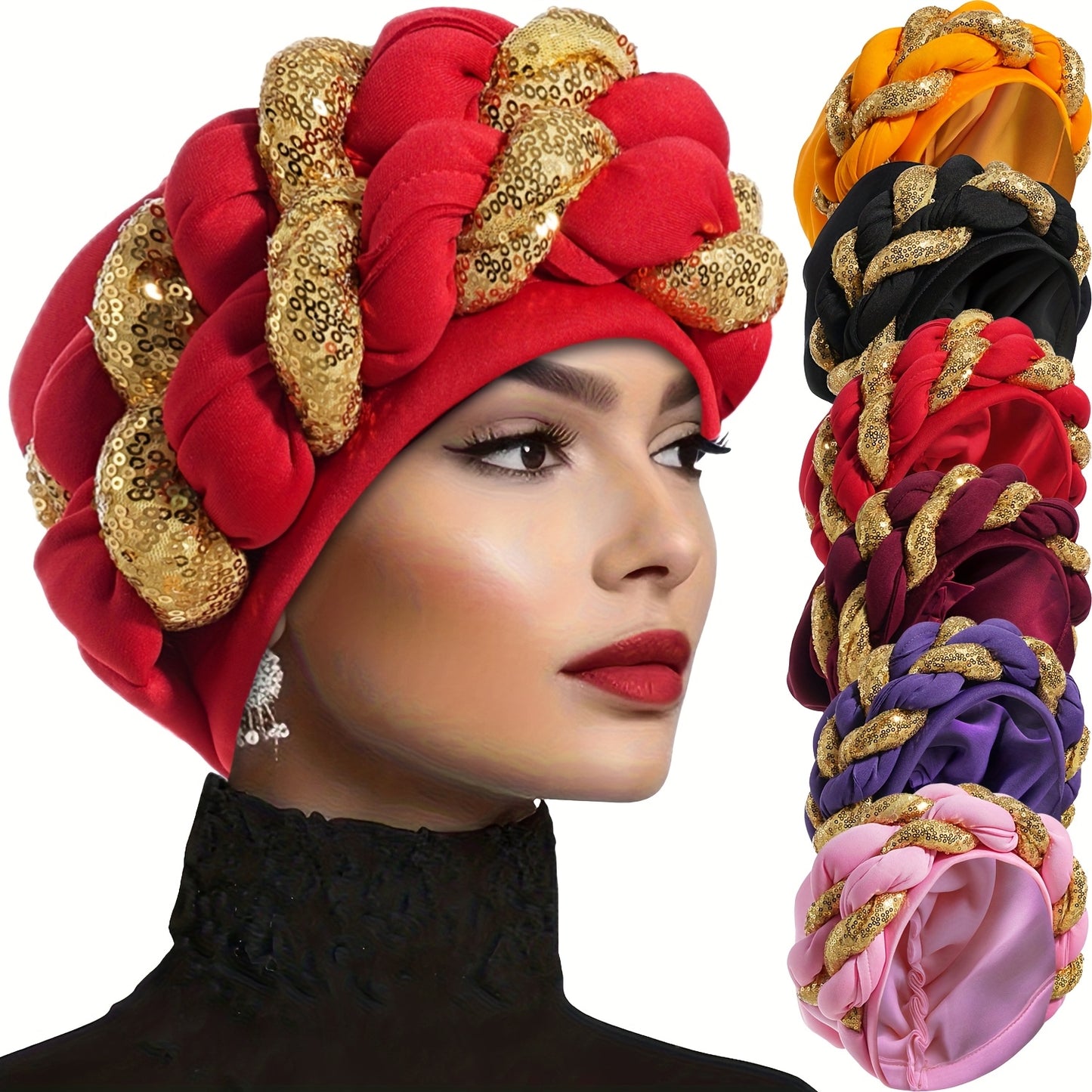 1pc Women's Elegant Turban Headwrap - Golden Spangle 2-Strand Braid, Lightweight Polyester, Non-Stretch - Wedding & Festive Attire | Hand Wash/Dry Clean | Toggle Closure
