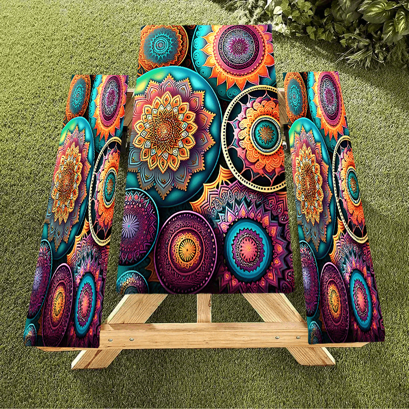 Product 1/3pcs Outdoor Picnic Tablecloth Set (1 Tablecloth + 2 Stool Covers) Mandala, Colorful Abstract Complex Pattern Elastic Tablecloth, Edge Elastic Tablecloth, Machine Washable, Suitable for Camping, Parties, Gifts, Part
