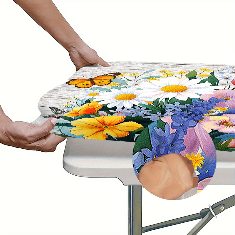 1pc Outdoor Tablecloth with Vivid Floral & Butterfly Design - Washable Durable Polyester Rectangular Table Cover, Elastic Edges for Secure Fit, Bright Colors for Camping, Picnics, Garden Parties - Indoor/Outdoor Use, Picnic T