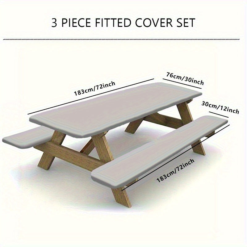 Product 1/3pcs Picnic Tablecloth Set (1 Tablecloth + 2 Stool Covers) Simple Gray Wood Grain Background Sunflower Print Elastic Tablecloth, Suitable for Picnic and Camping Tablecloths, Is a Must-have for Outdoor Barbecue and H