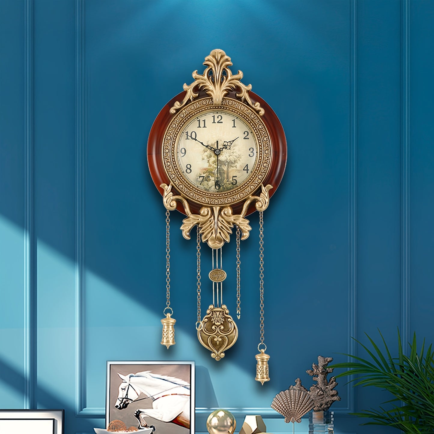 Real Wood Wall Clock with Swinging Pendulum by Aero Snail, Battery Operated Clock for Living Room Decor, Retro Vintage Style Decorative, Improted Mechanism Silent Scanning Hands Watch