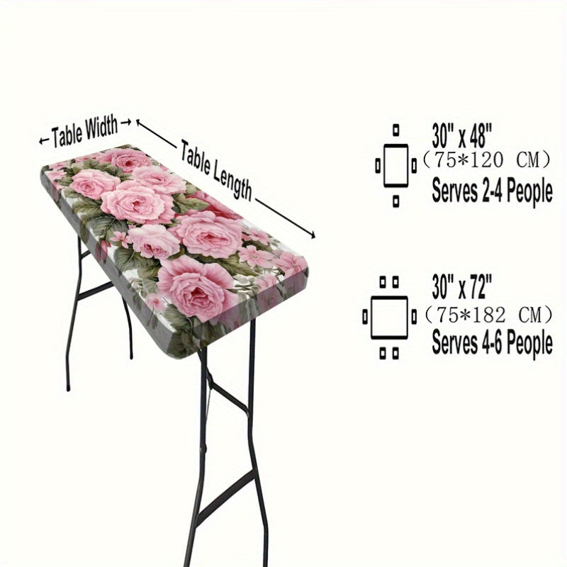 1pc, Rose Flower Printed Design Outdoor Tablecloth - Polyester Elastic Edge - Suitable for Camping, Picnics And Garden Parties, Bright Colors, Outdoor Table Set, Picnic Accessories, Can Be Used Indoors And Outdoors.