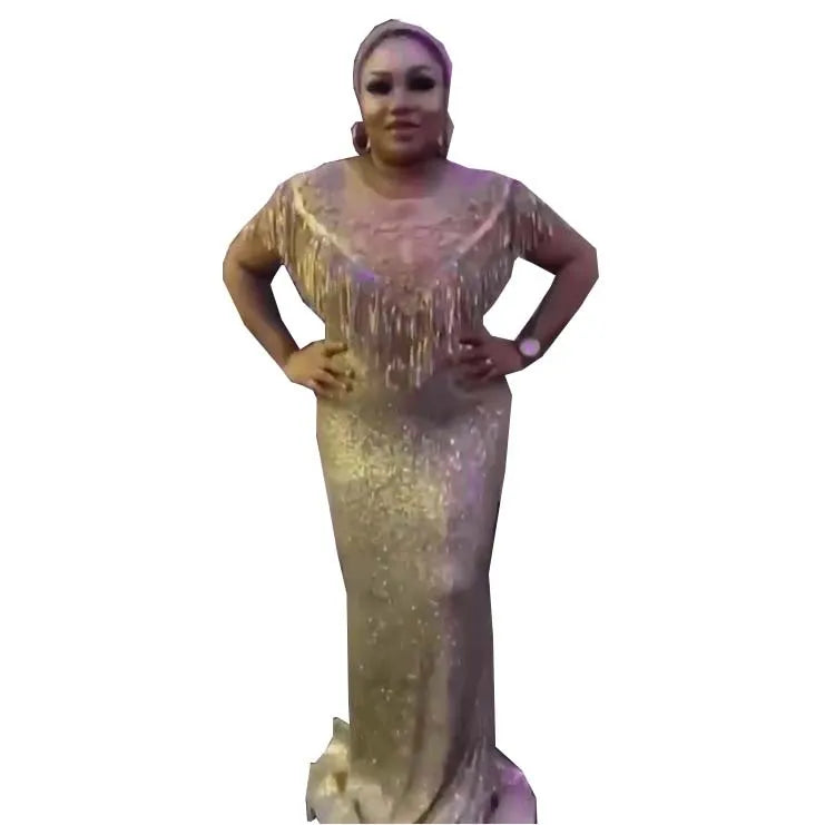 Long Sequin Party Gown with Tassel