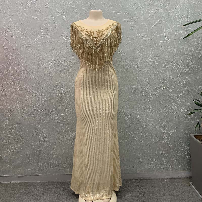 Long Sequin Party Gown with Tassel