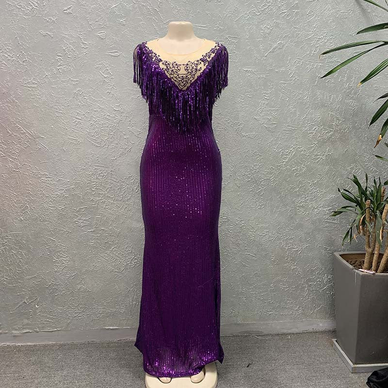 Long Sequin Party Gown with Tassel