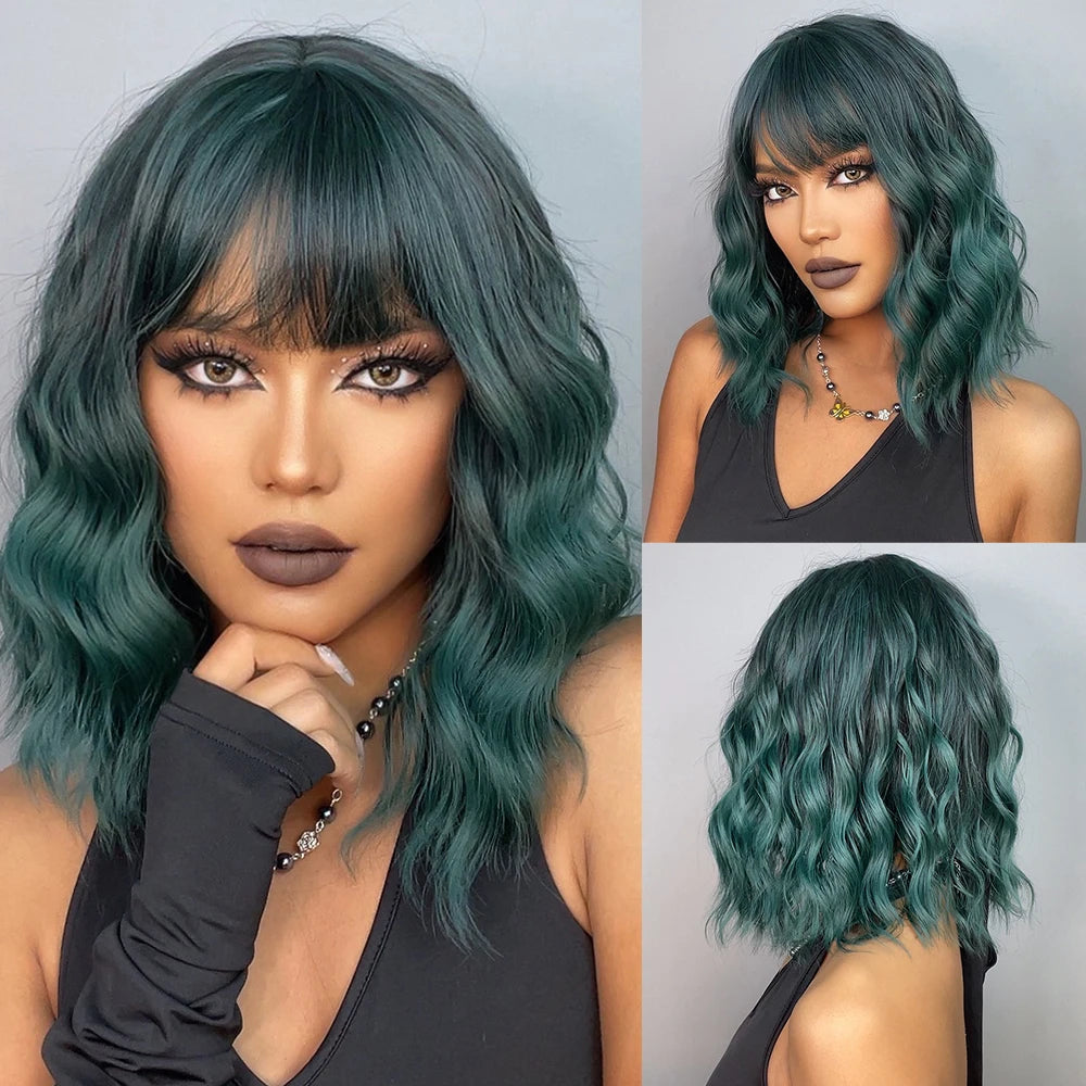 Synthetic Short Wavy Colored Wig with Bangs