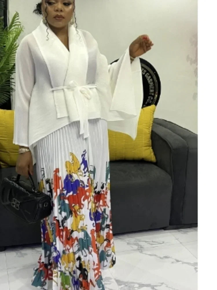 Women's Lace Up Top with Printed Swing Skirt Set