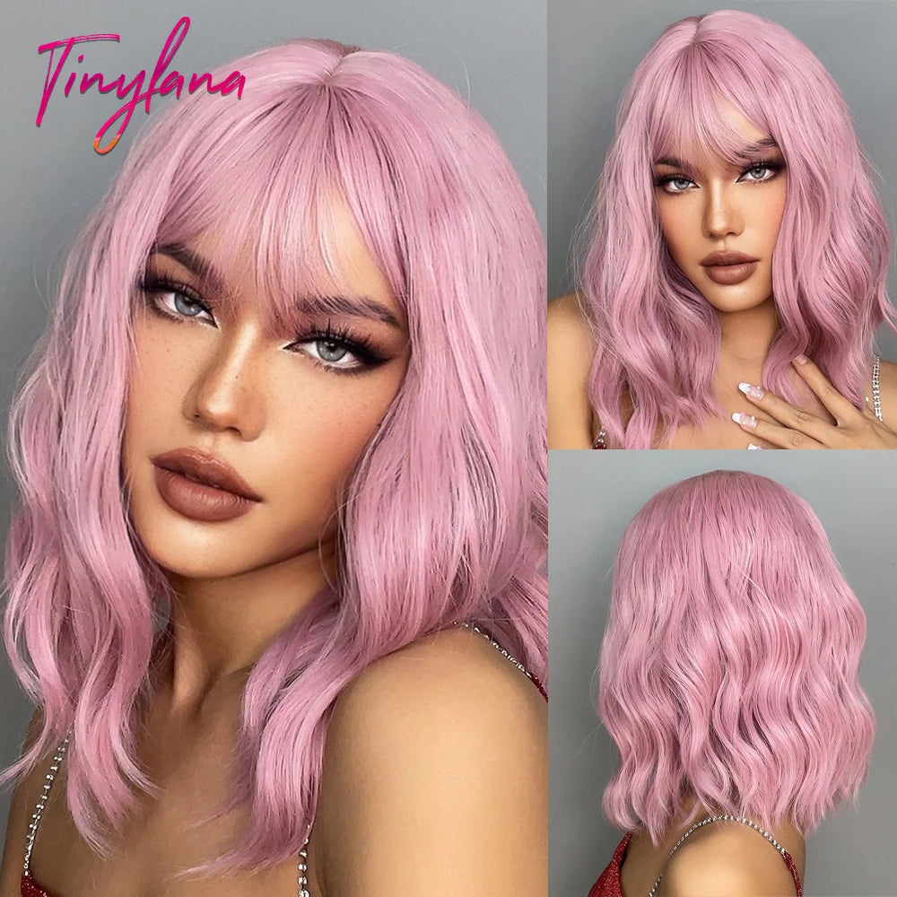 Synthetic Short Wavy Colored Wig with Bangs