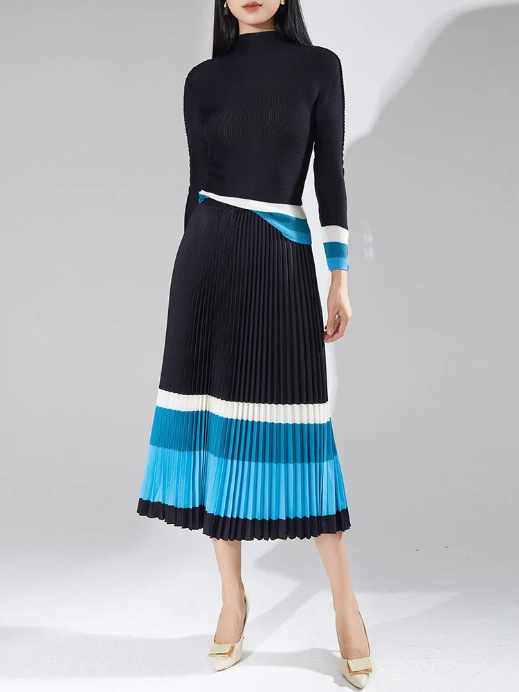 Women Color Print Pleated Top & Skirt Set