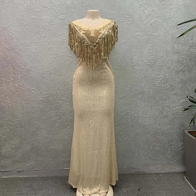 Long Sequin Party Gown with Tassel