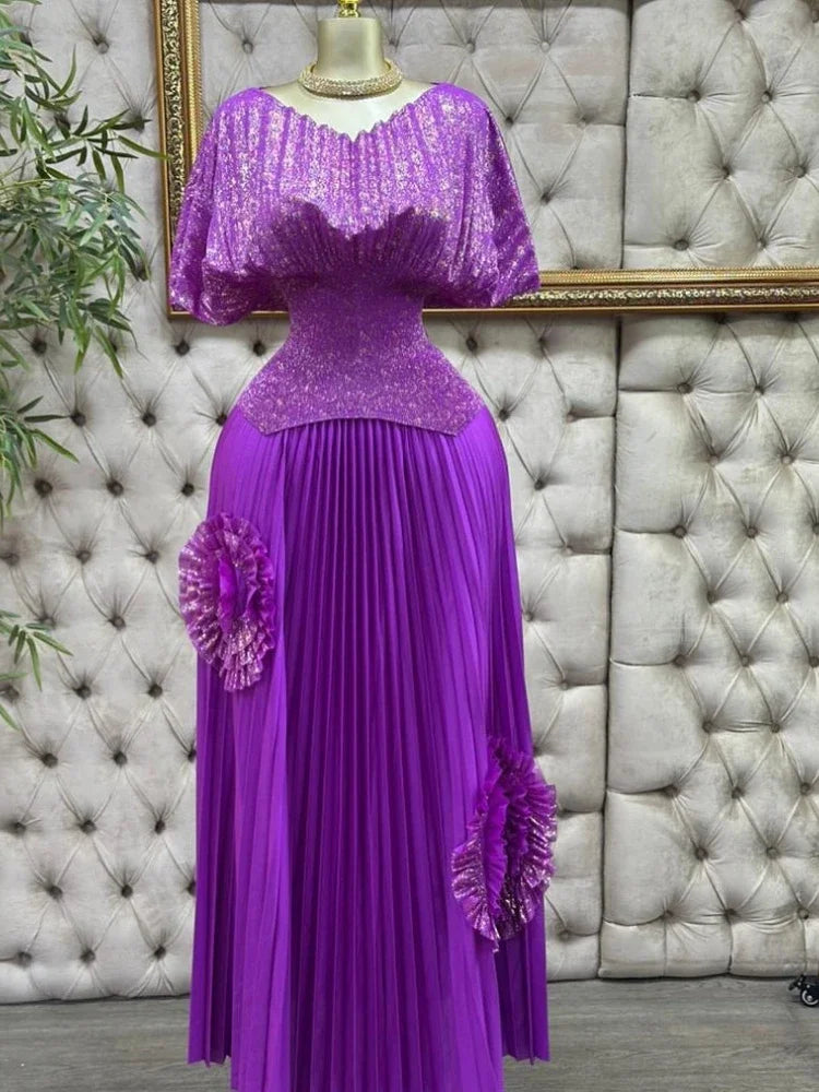 Women Batwing Top & 3D floral Pleated Skirt
