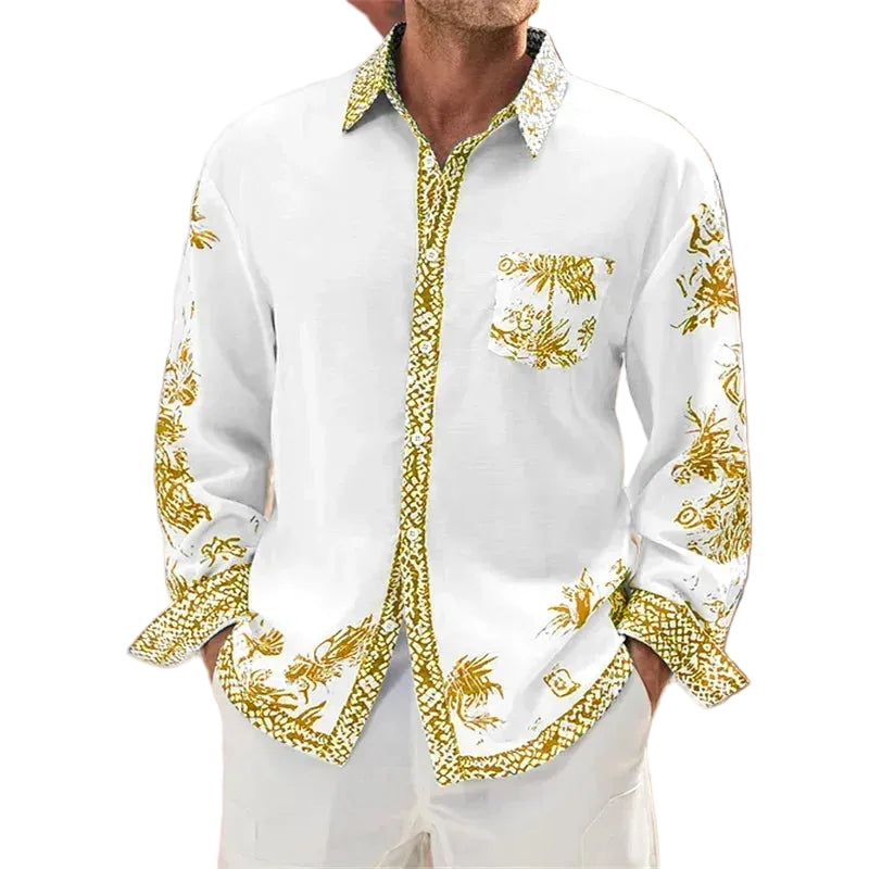 slim fit dress slacks Men's Banded Collar Dress Shirt in White with Gold Embroidery, 18½ 34/35 / White main image 0