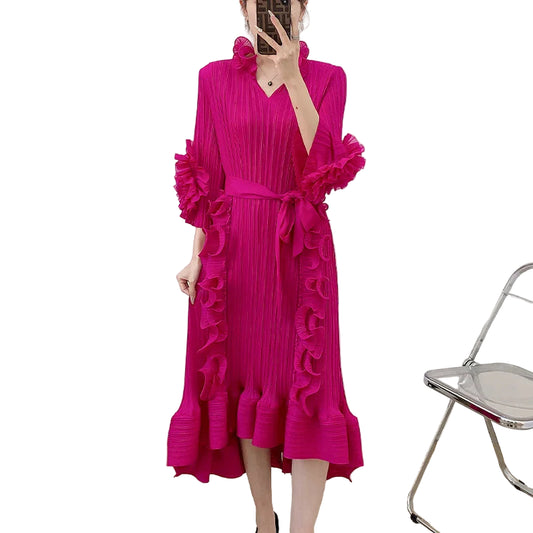 Elegant Pleated Fungus Edge Dress for Women