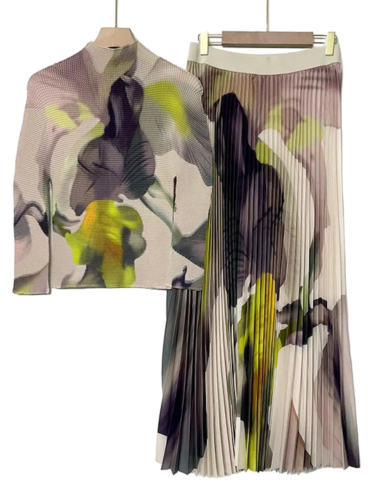 Women Pleated Print Top & Skirt