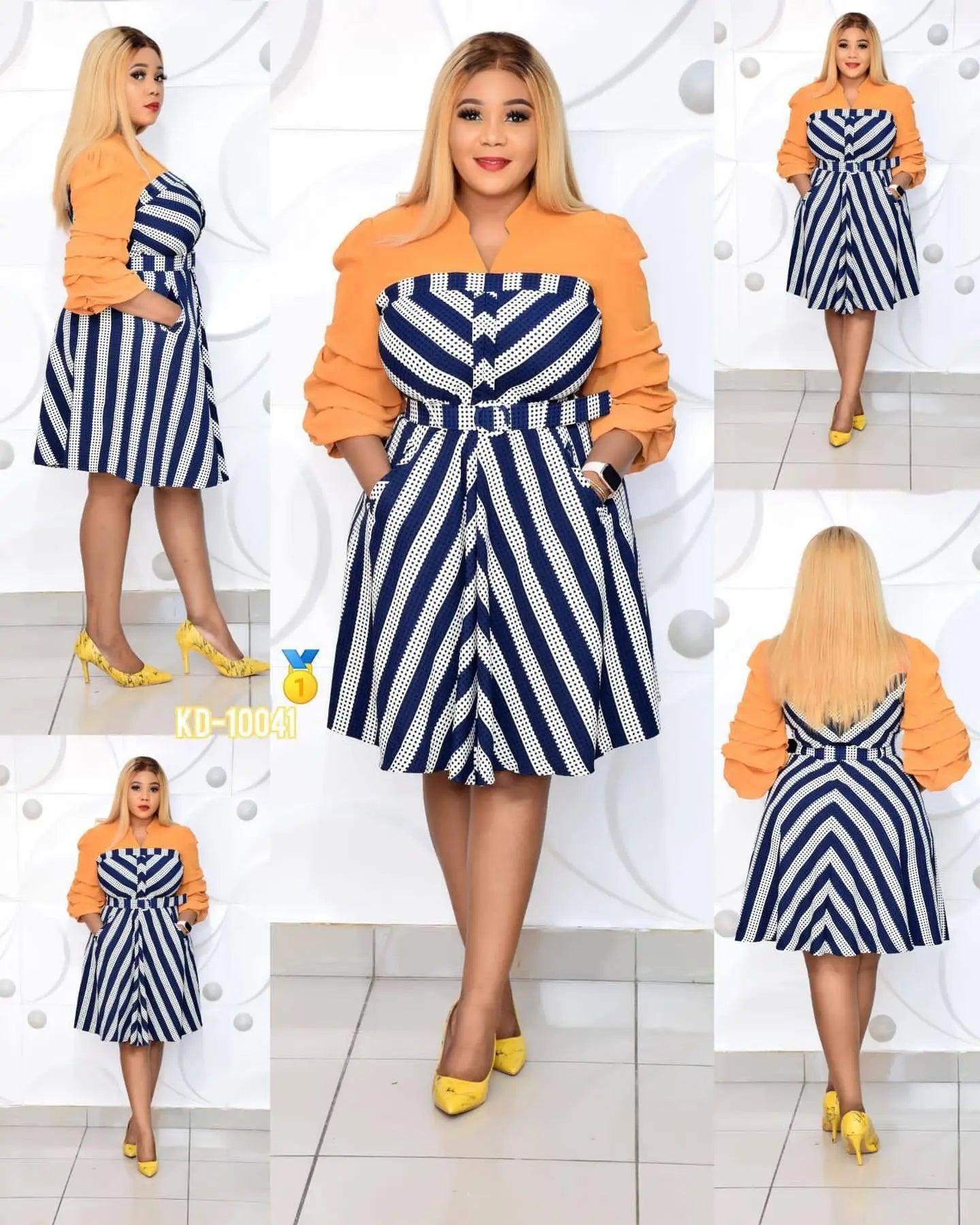 Plus Size Striped Women Dress with Puff Sleeves