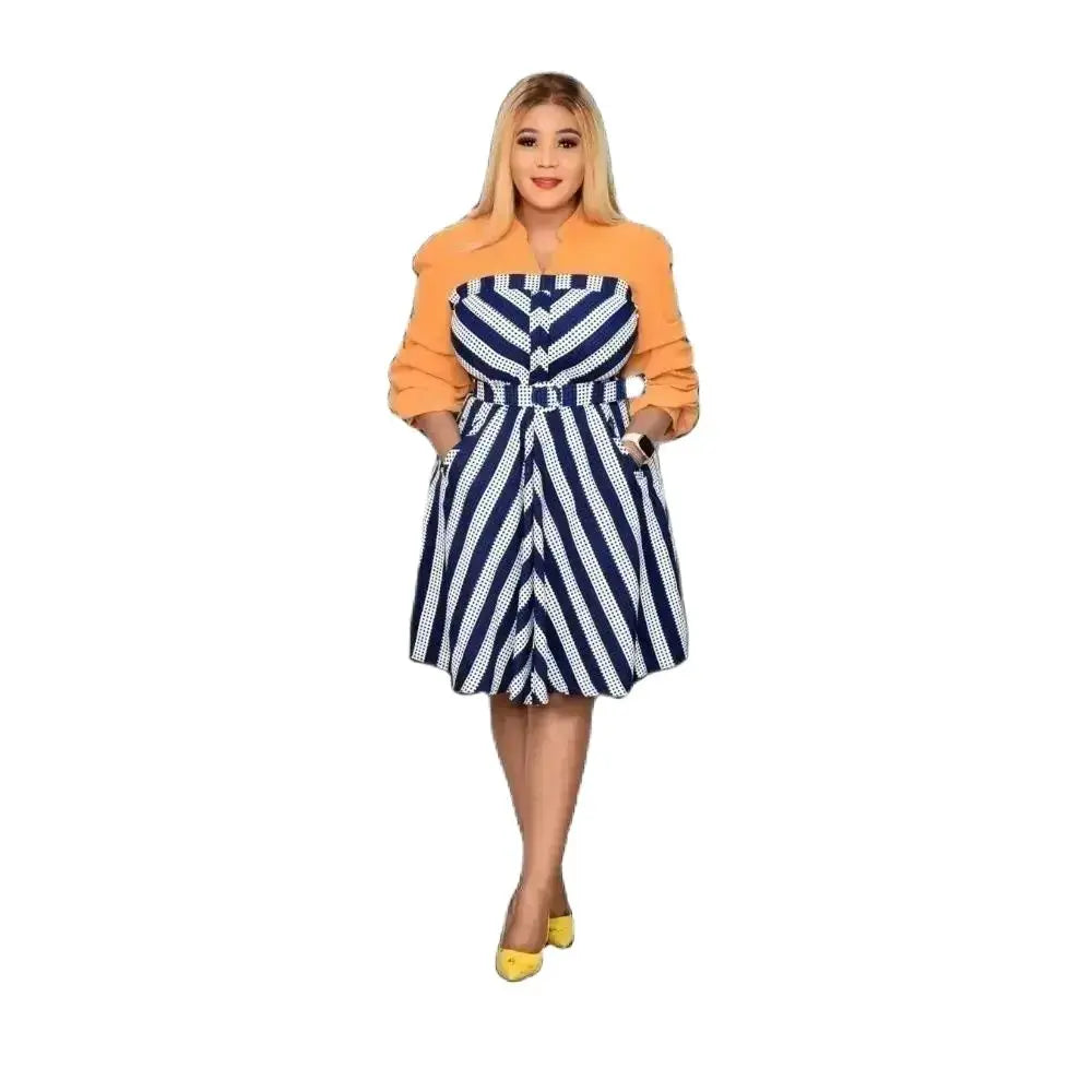 Plus Size Striped Women Dress with Puff Sleeves