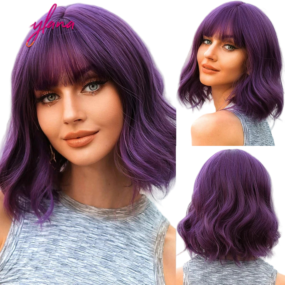 Synthetic Short Wavy Colored Wig with Bangs