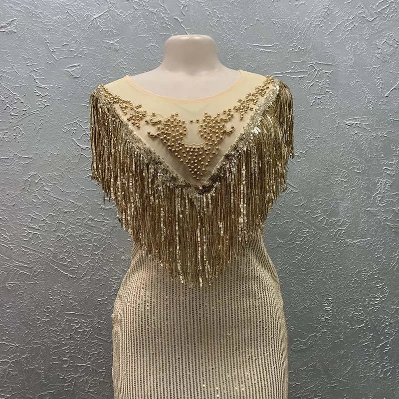 Long Sequin Party Gown with Tassel