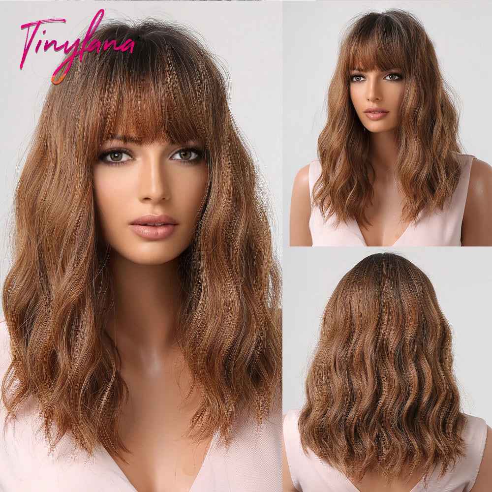 Synthetic Short Wavy Colored Wig with Bangs