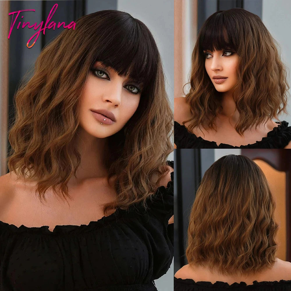 Synthetic Short Wavy Colored Wig with Bangs