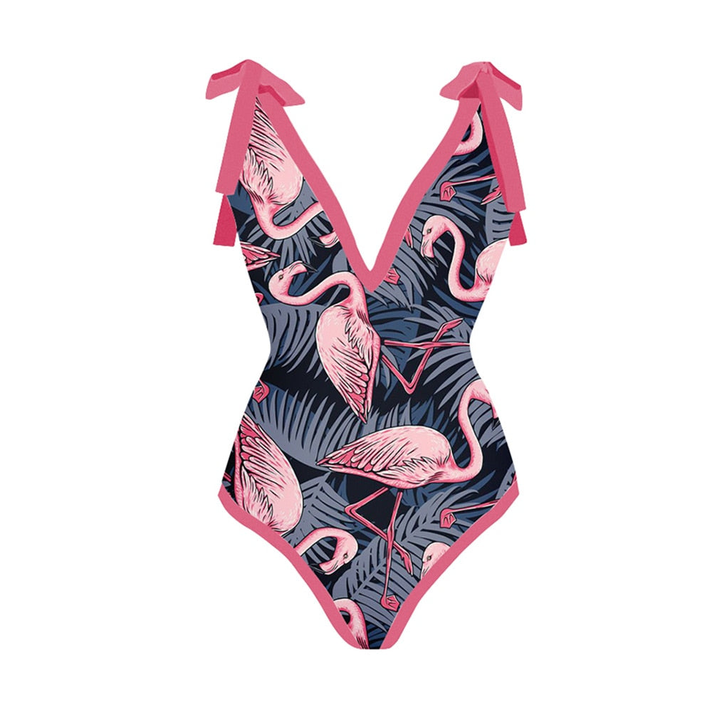 Swimsuit Flamingo Print One Piece Suit with Skirt Beach Dress Bathing Suit Summer Surf Wear
