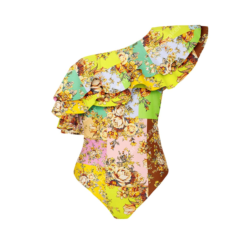 Swimsuit with Skirt Gold Asymmetrical Bathing Suit Summer Surf Wear