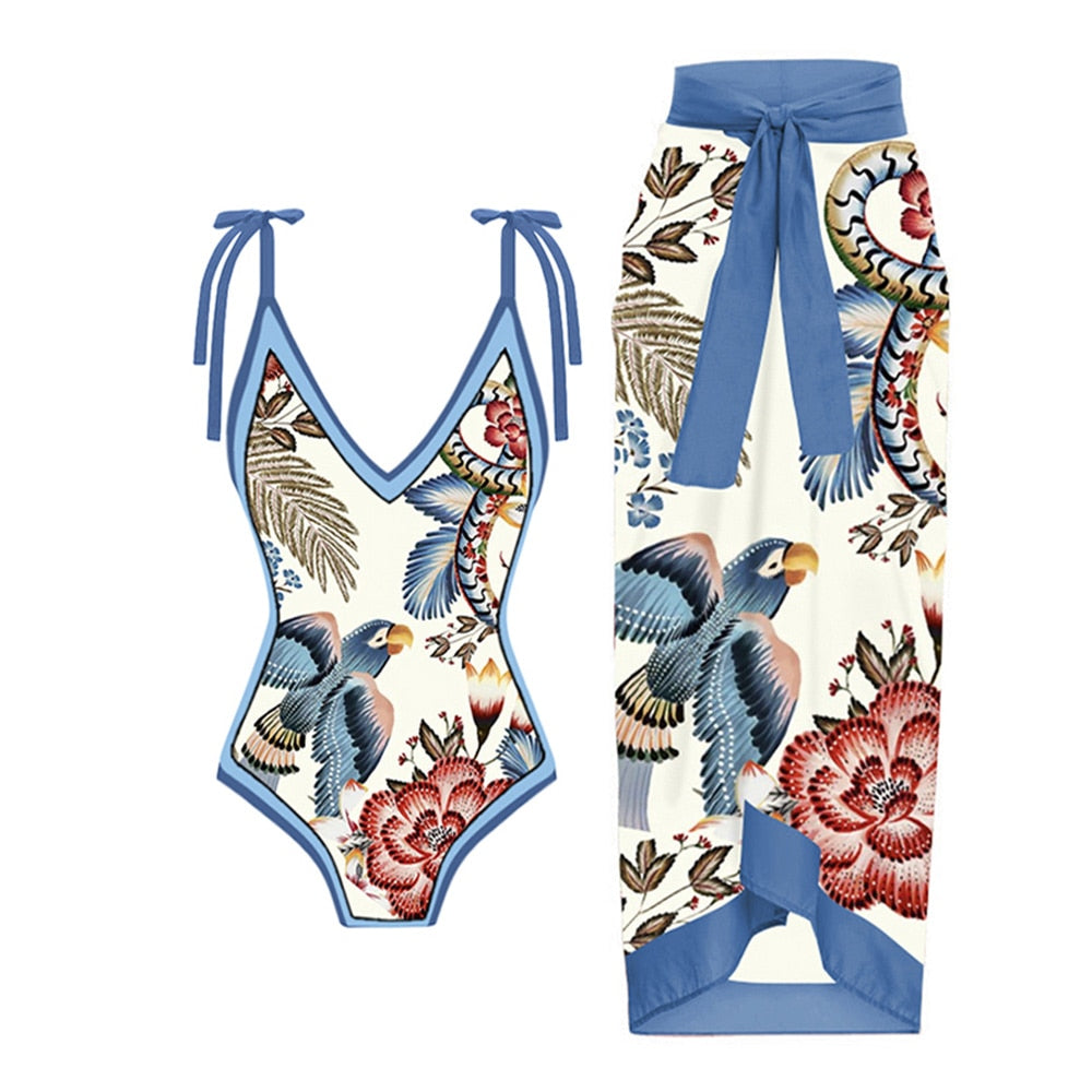 Floral Print One-Piece Swimsuit Set