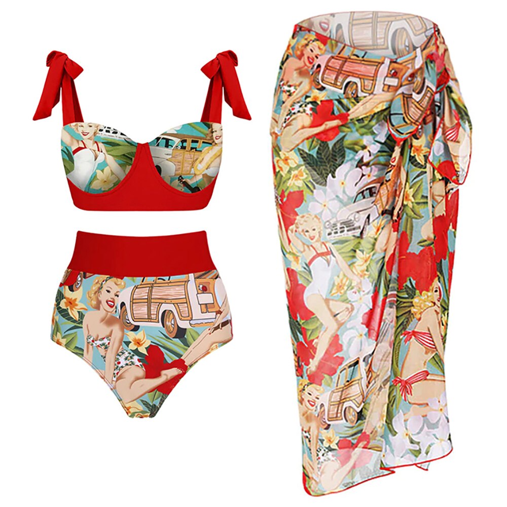 Retro Swimwear Women Printed Bikini Red One-piece Swimsuit Bathing Suit Summer Skirt Beach Wear Plus Size Luxury