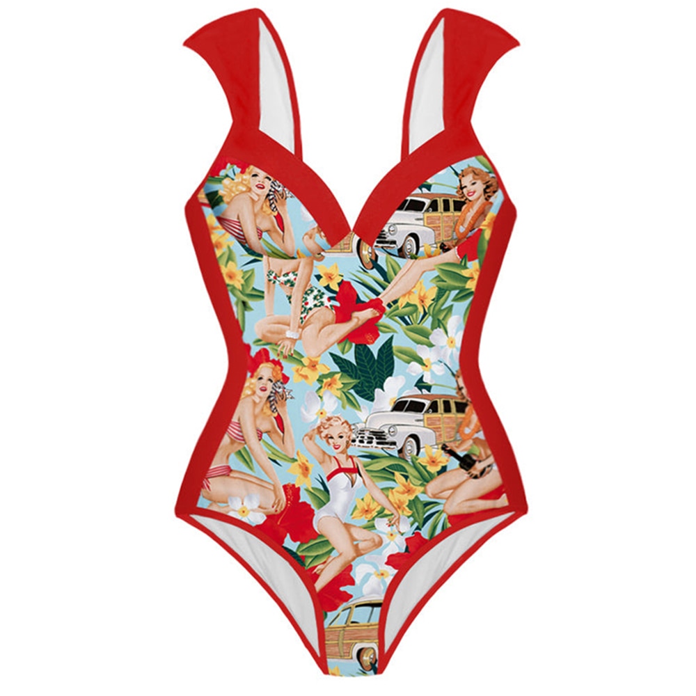 Retro Swimwear Women Printed Bikini Red One-piece Swimsuit Bathing Suit Summer Skirt Beach Wear Plus Size Luxury