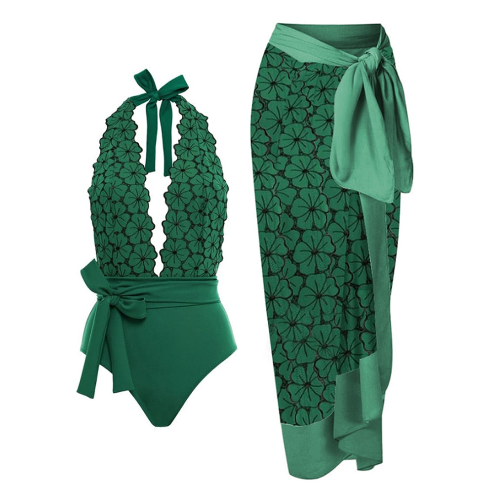 Vintage Swimsuit Green With Beach Skirt Summer Surf Wear