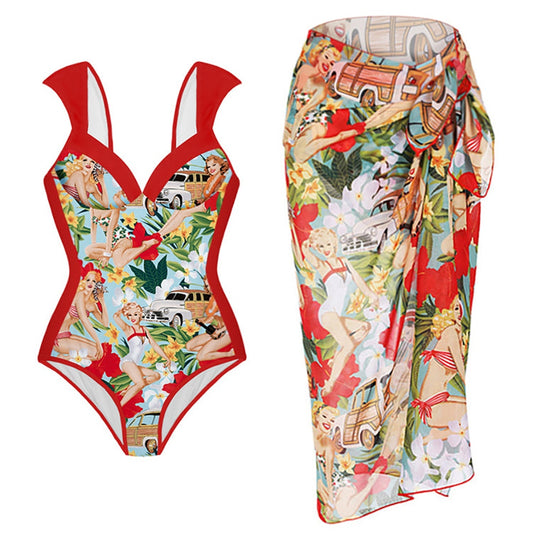 Retro Swimwear Women Printed Bikini Red One-piece Swimsuit Bathing Suit Summer Skirt Beach Wear Plus Size Luxury