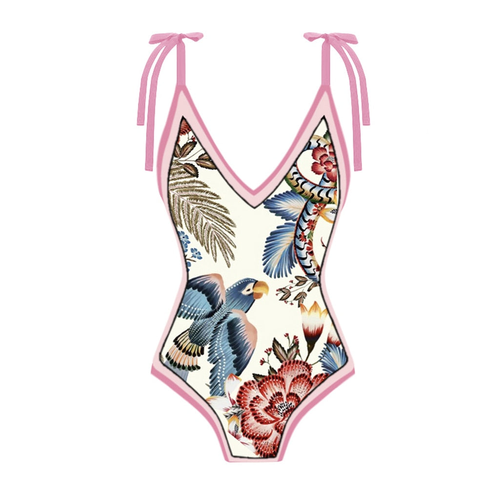 Floral Print One-Piece Swimsuit Set