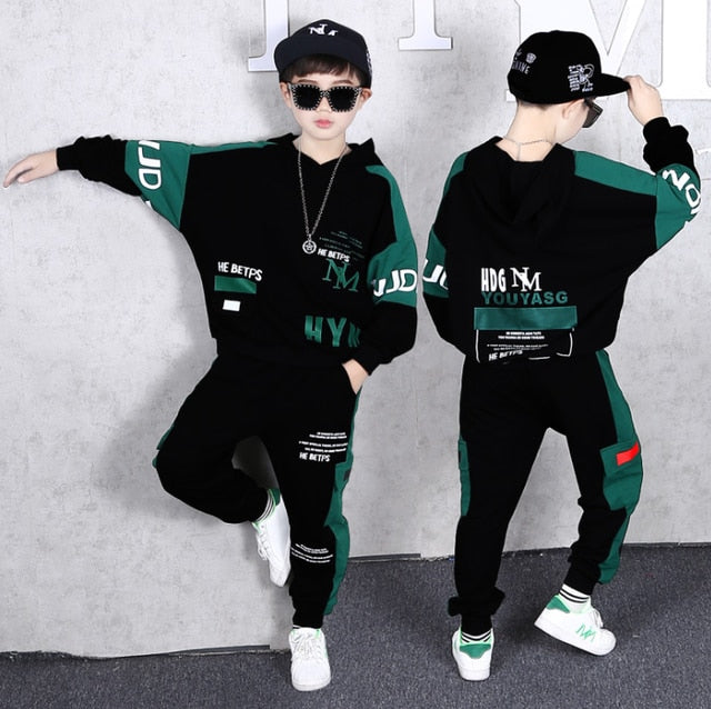 Children Tracksuit Hooded Green Hoodie Two-Piece Street Dance Sports Outfits For Boys Girls  Vetement Garcon 4 6 8 10 12 14 Yrs