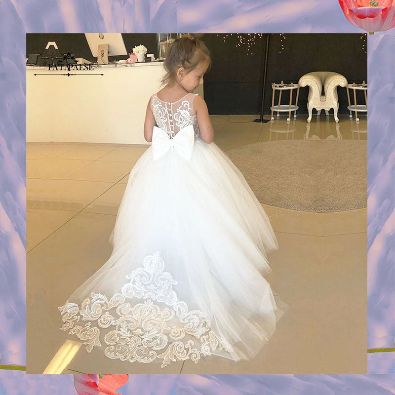 Vintage Buttons Bow Tulle Lace Wedding Party Girl Dress Train First Communion Gown