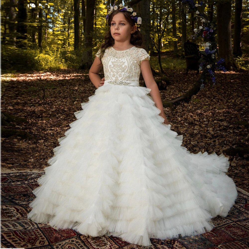 Flower Girl Dress Sweetheart Sleeveless Tulle Lace Applique Ruched Wedding Girl Dress Sweep Train Girl's Birthday Party Gown