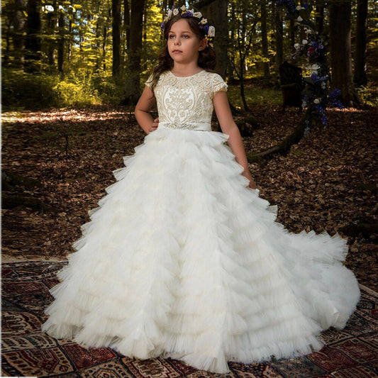 Flower Girl Dress Sweetheart Sleeveless Tulle Lace Applique Ruched Wedding Girl Dress Sweep Train Girl's Birthday Party Gown