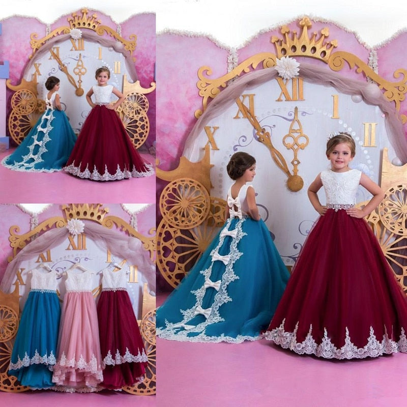 Flower Girl Dresses For Wedding A Line Tulle Appliques Bows Sweep Train First Communion Dresses Lovely Girl Pageant Party Gowns
